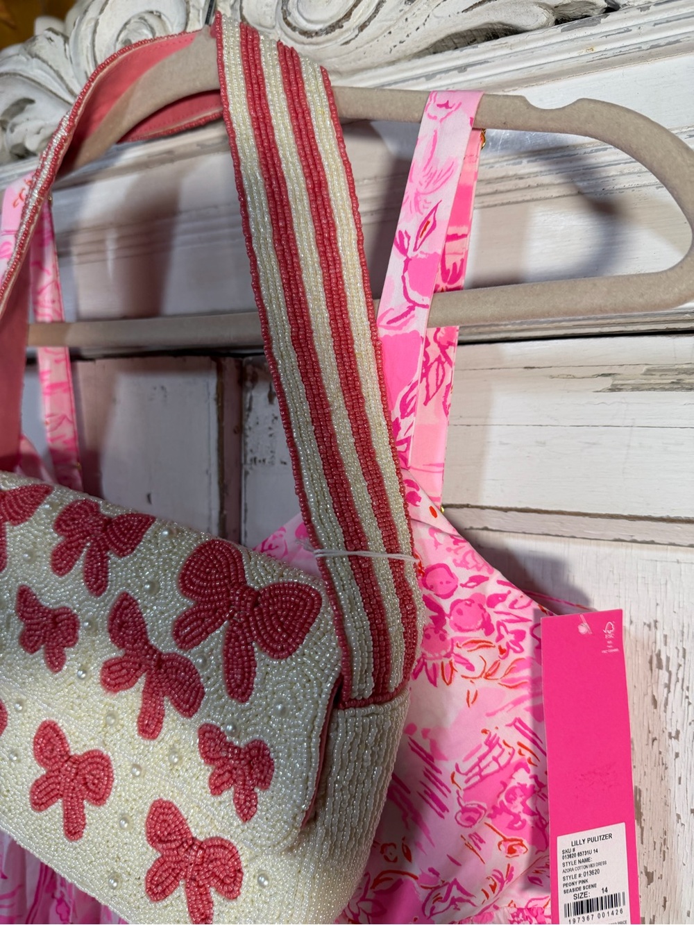 Beaded 🎀Bow🎀 PURSE in Pink and Cream striped handle - Picture 3 of 5